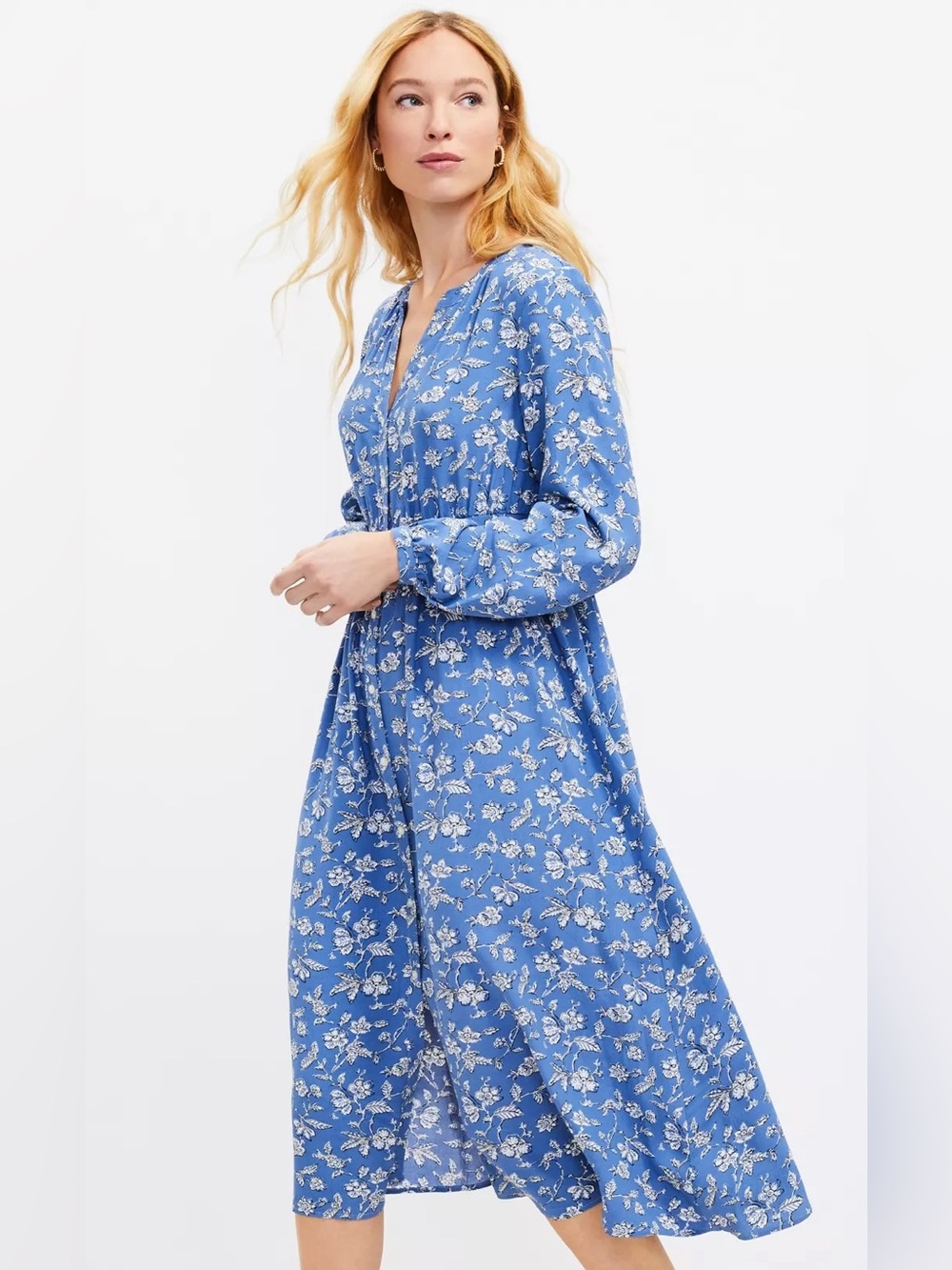 LOFT blue floral long sleeve midi dress